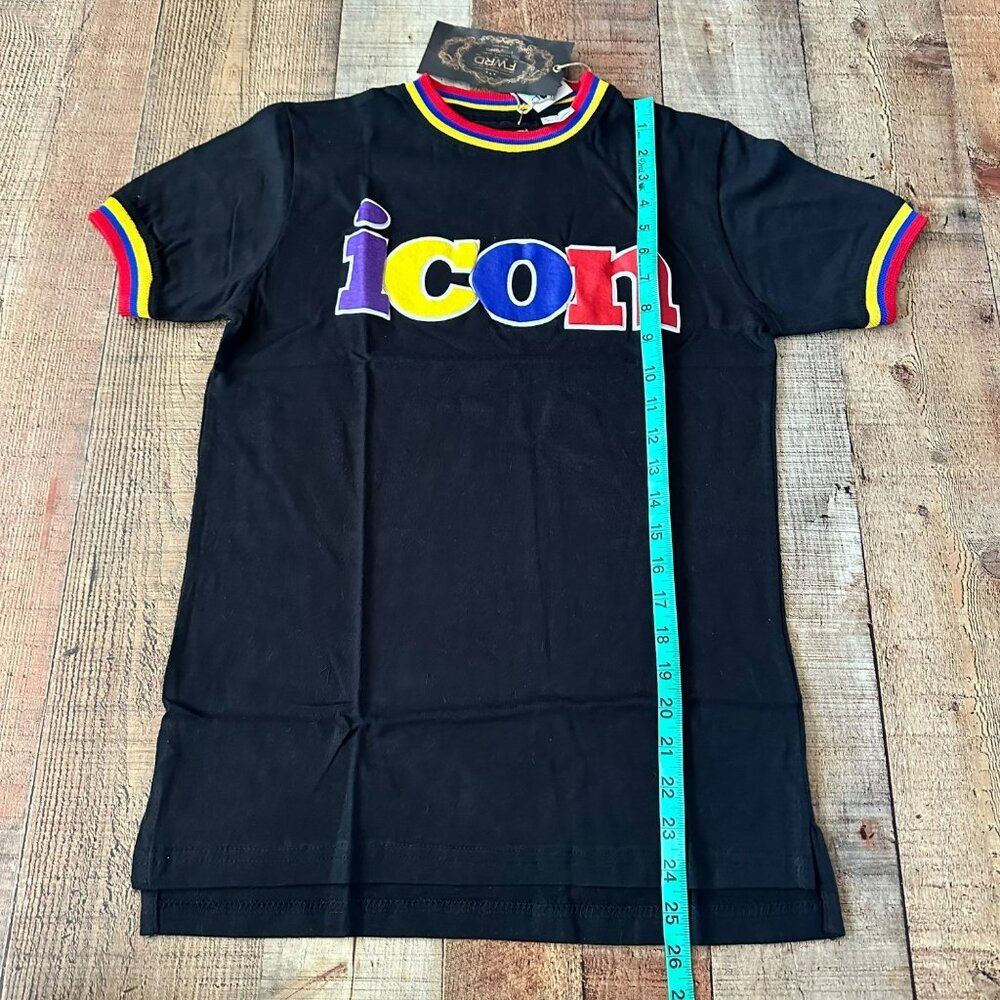 Fwrd Denim Black "Icon" Graphic T-Shirt L Colorful Trim Crew Neck Short Sleeve — image 3 of 7